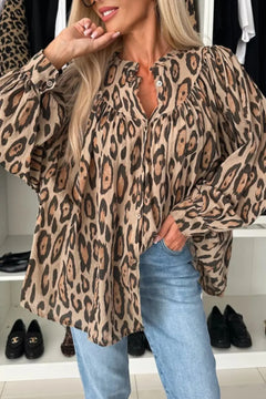 Leopard Notched Long Sleeve Blouse - Florida Guy