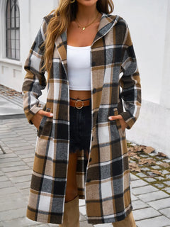 Devine Plaid Long Sleeve Hooded Coat - Florida Guy