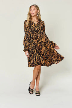 Double Take Full Size Printed Ruffle Hem Long Sleeve Dress - Florida Guy