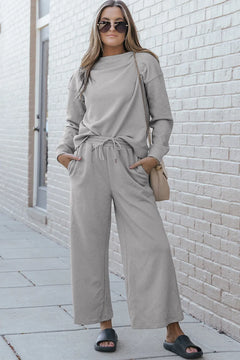 Double Take Full Size Textured Long Sleeve Top and Drawstring Pants Set - Florida Guy