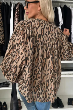 Leopard Notched Long Sleeve Blouse - Florida Guy