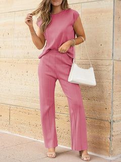 Round Neck Cap Sleeve Top and Pants Knit Set - Florida Guy