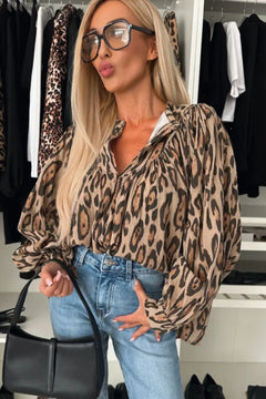 Leopard Notched Long Sleeve Blouse - Florida Guy