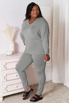 Basic Bae Bamboo Full Size V-Neck Long Sleeve Top and Pants Lounge Set - Florida Guy