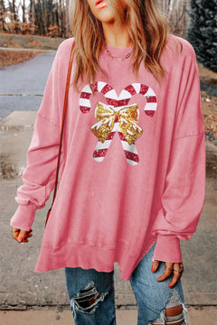 Sequin Candy Cane Round Neck Slit Sweatshirt - Florida Guy