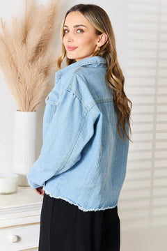 Double Take Dropped Shoulder Raw Hem Denim Jacket - Florida Guy